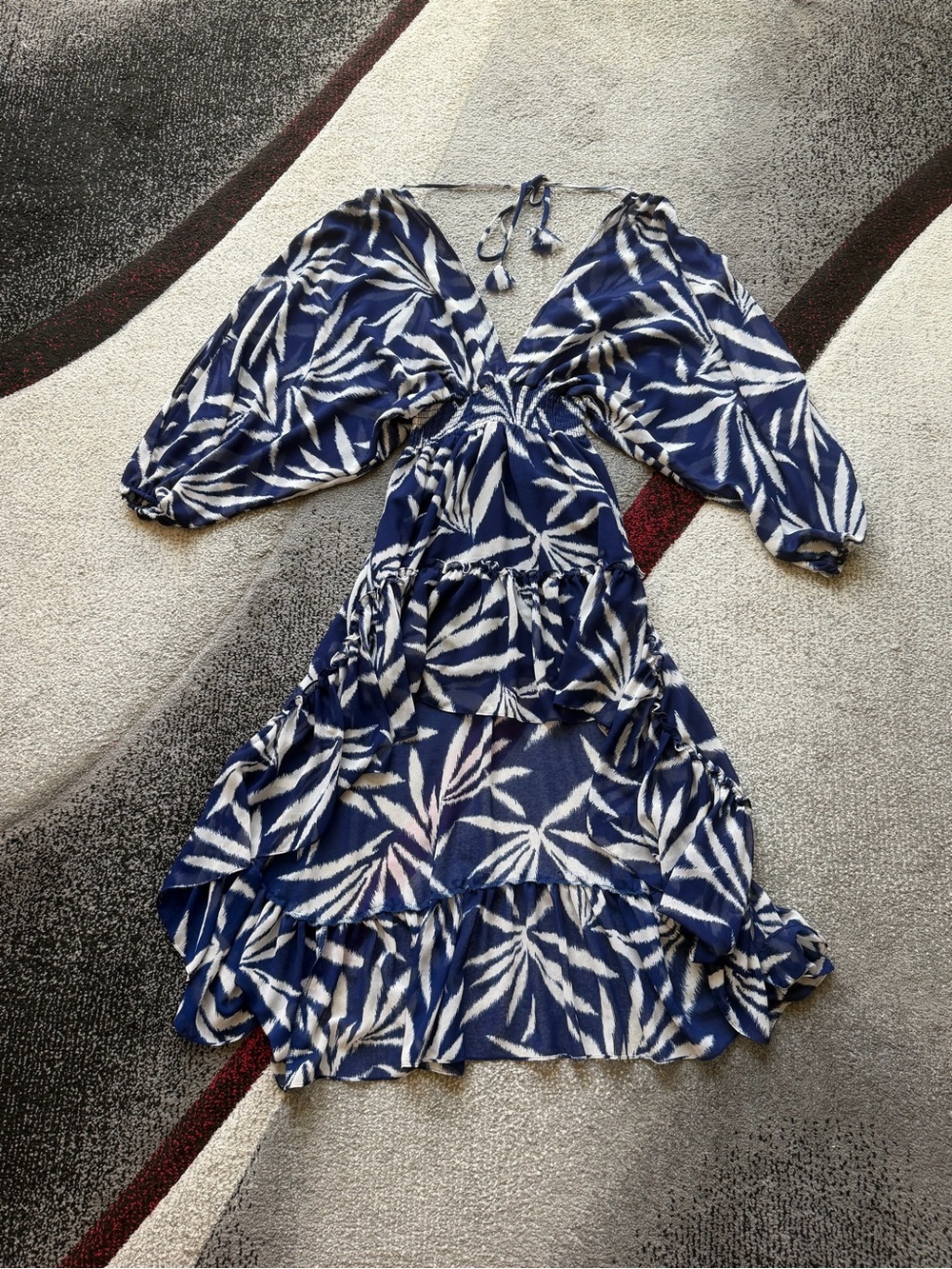 Misa Los Angeles Blue Botanical Print Long Sleeve Cold Shoulder Dress